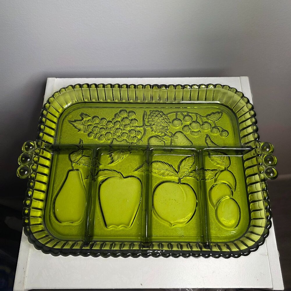 Indiana Glass Green 5 Part Divided Relish Serving Glass Tray With Fruit Design